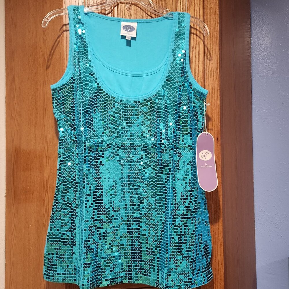 DG2 by Diane Gilman Women's Turquoise Sequin Sleeveless Top Cotton NWT Size L